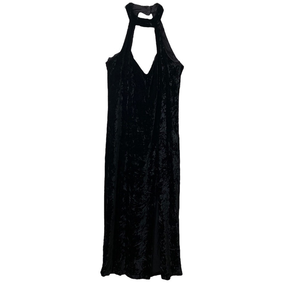 Nadine Vintage Black Crushed Velvet Halter Keyhole Dress Made USA 9/10